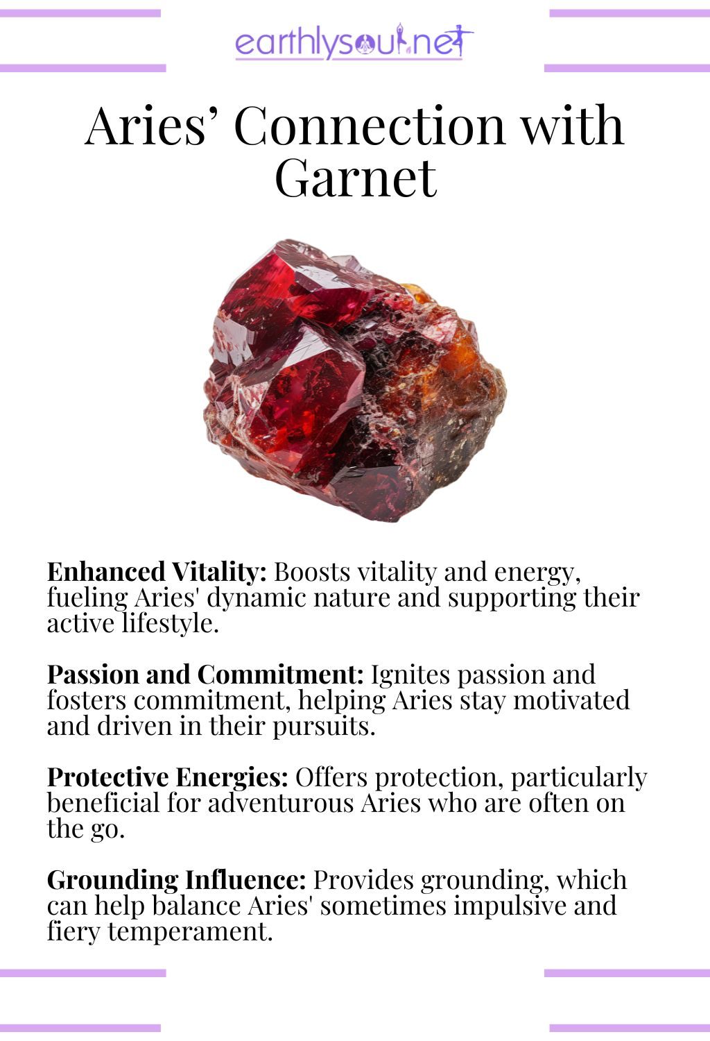 Garnet crystal, known for enhancing vitality and providing protection, ideal for aries.