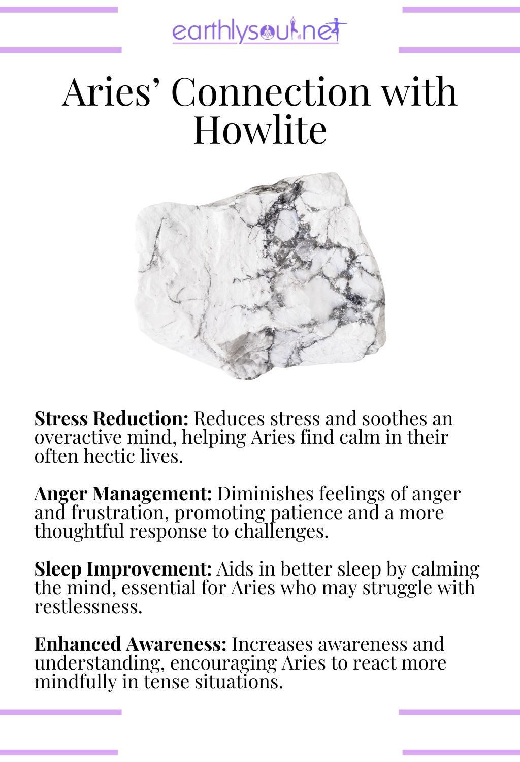 Howlite crystal, known for reducing stress and improving sleep, ideal for aries seeking tranquility.