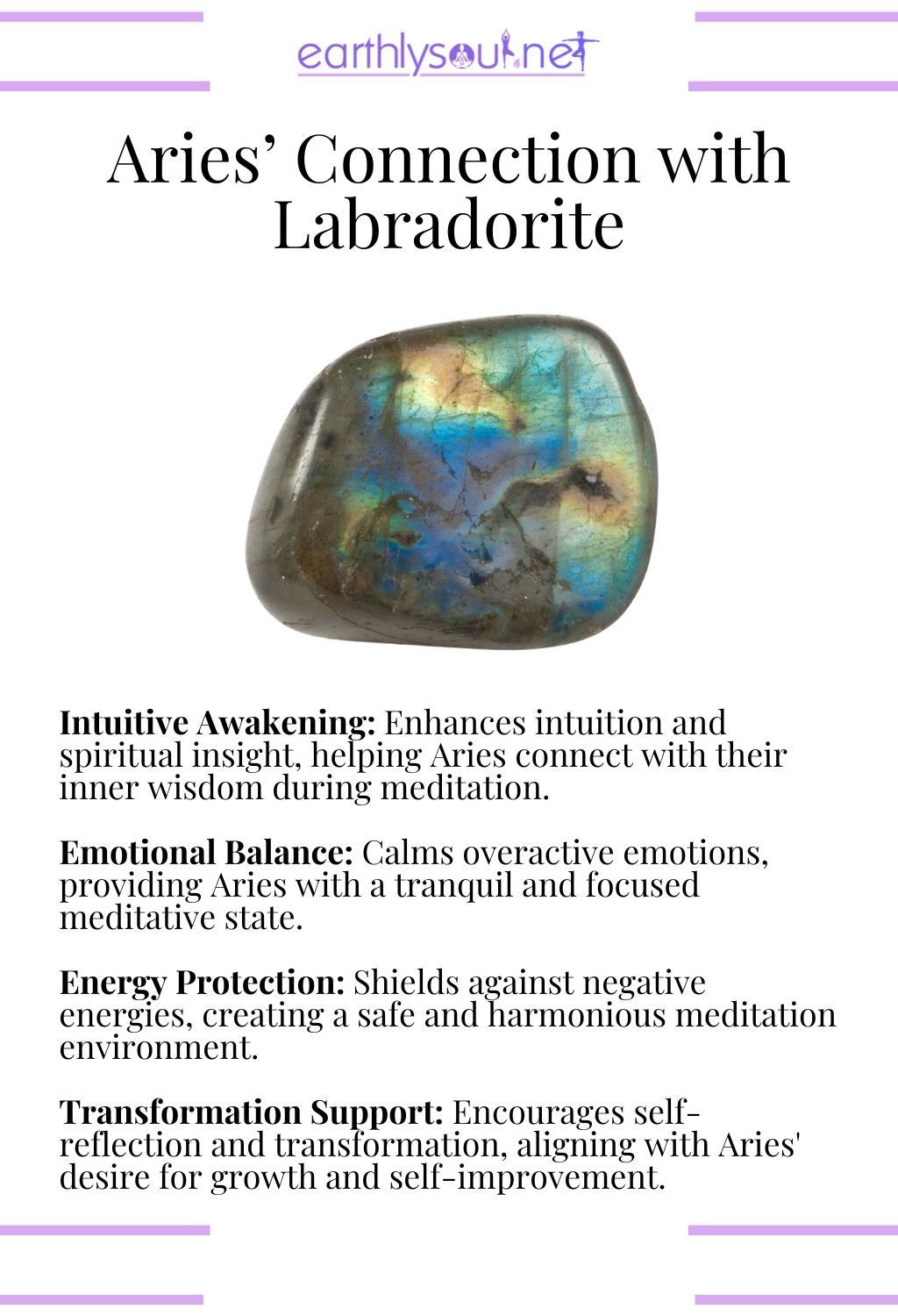 Labradorite crystal, enhancing intuition and providing emotional balance, ideal for aries meditation.