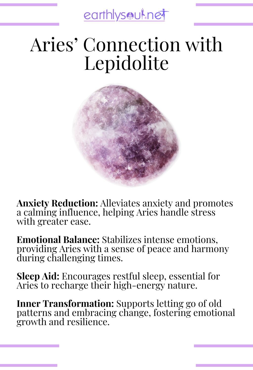 Lepidolite crystal, promoting emotional balance and reducing anxiety, ideal for aries seeking calm.