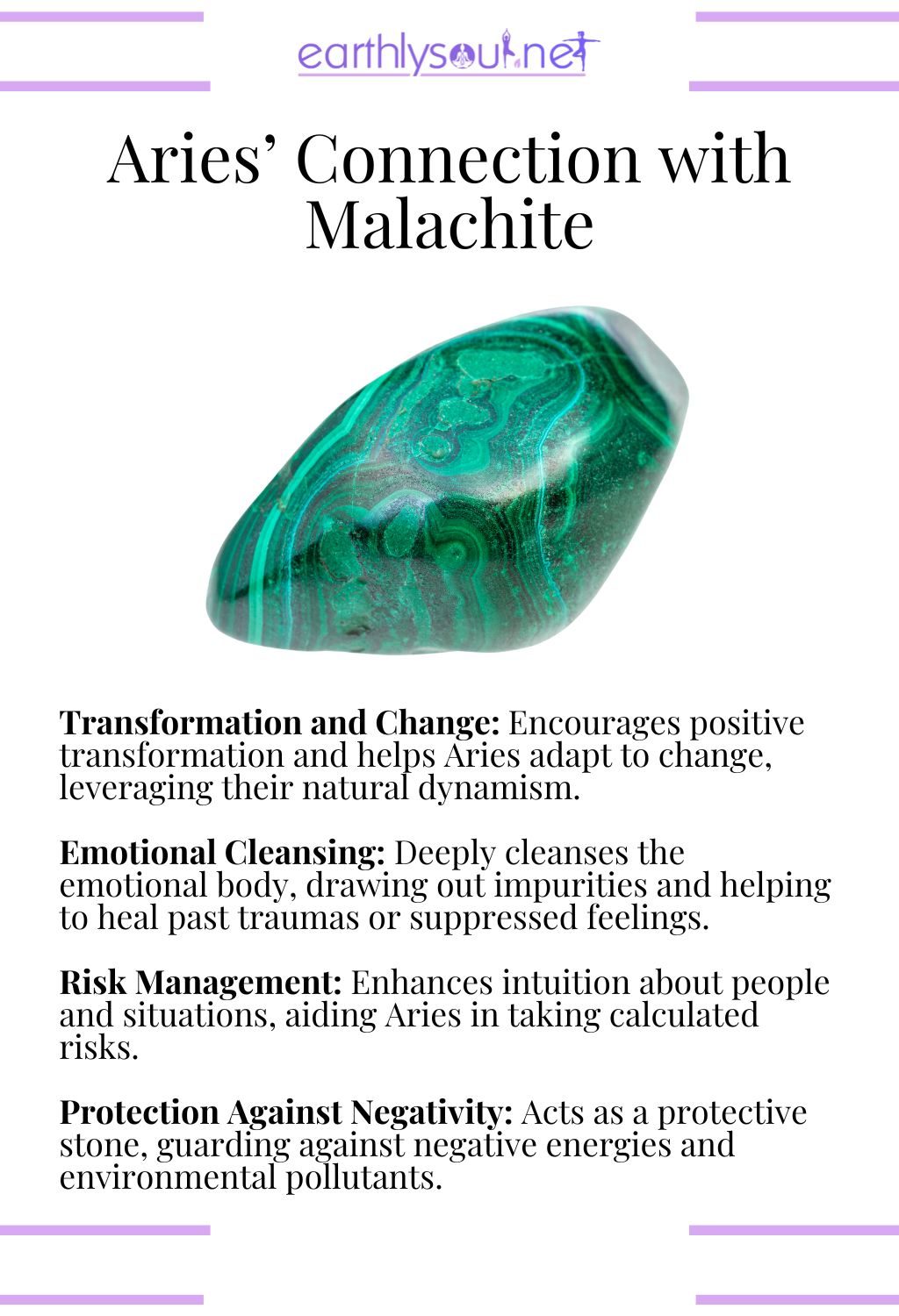 Malachite crystal, known for facilitating transformation and providing emotional cleansing, ideal for aries.