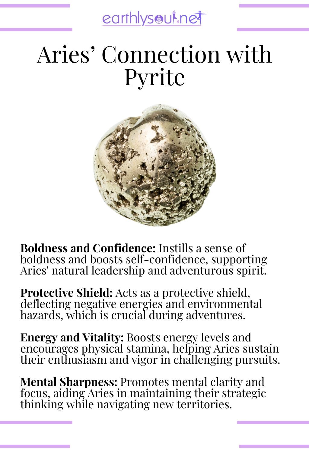 Pyrite crystal, known for boosting confidence and providing energy, ideal for adventurous aries.