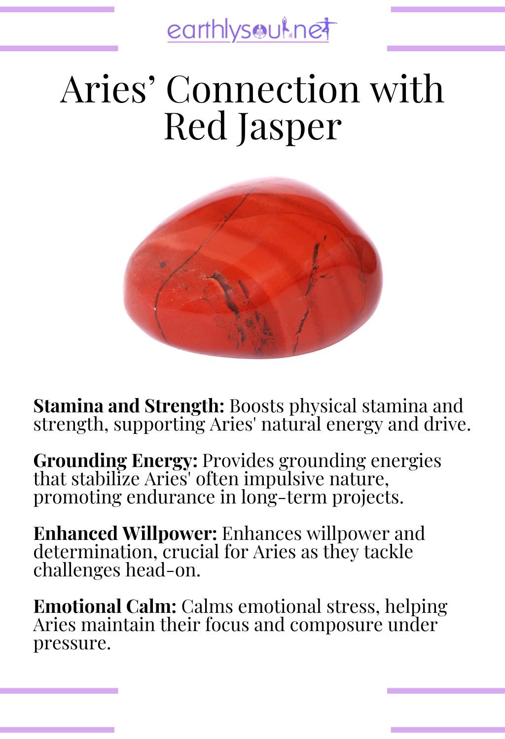 Red jasper crystal, known for boosting stamina and willpower, ideal for aries.