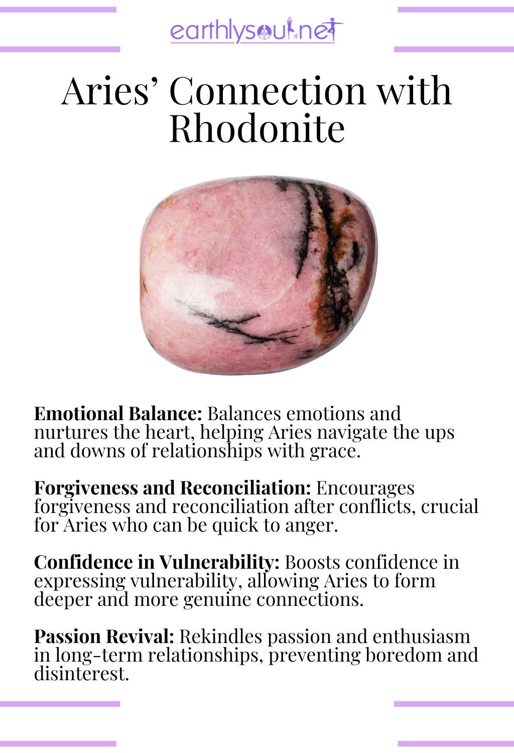Rhodonite crystal, promoting emotional balance and enhancing forgiveness, perfect for aries.