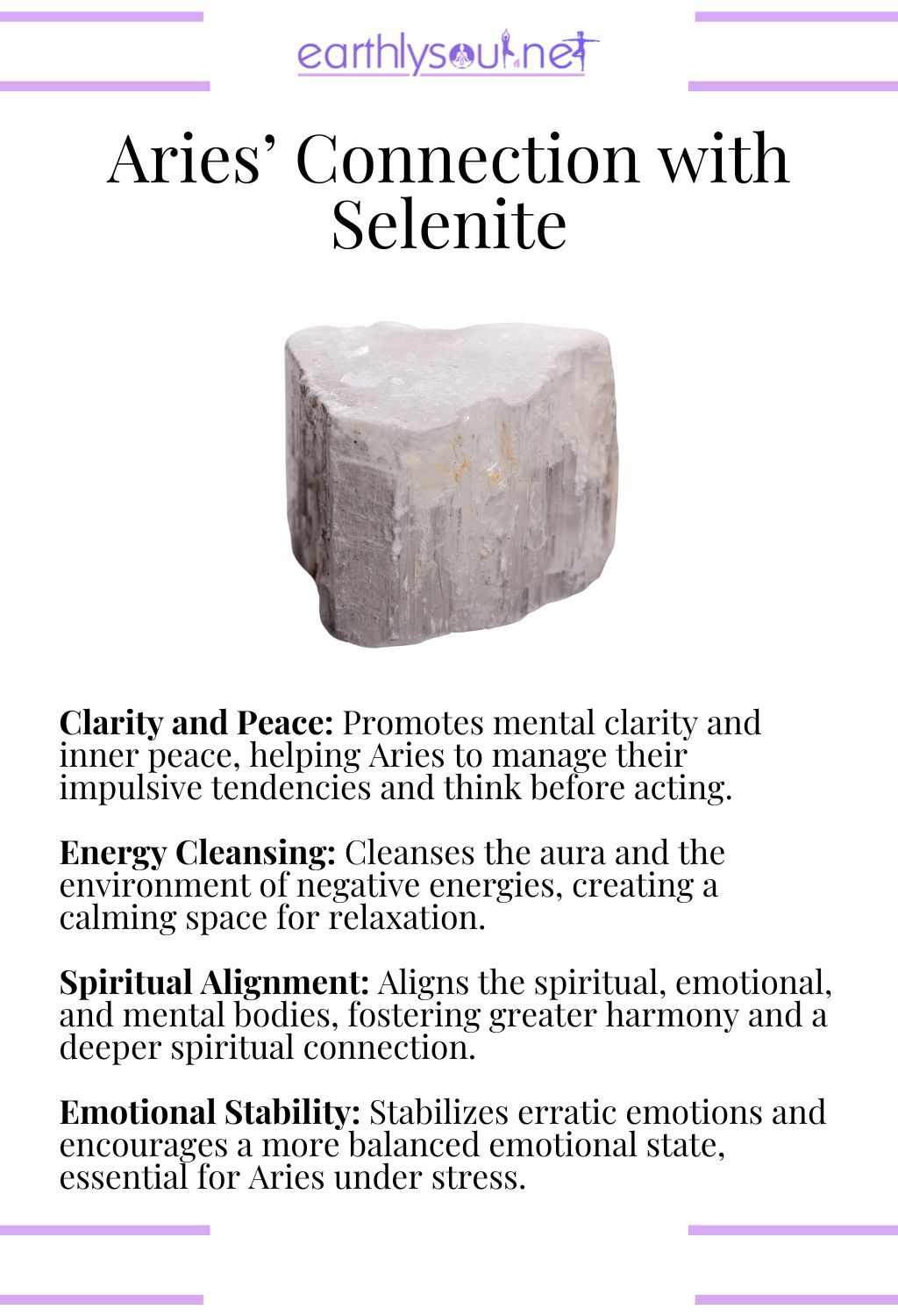 Selenite crystal, enhancing clarity and promoting spiritual alignment, perfect for aries needing peace.