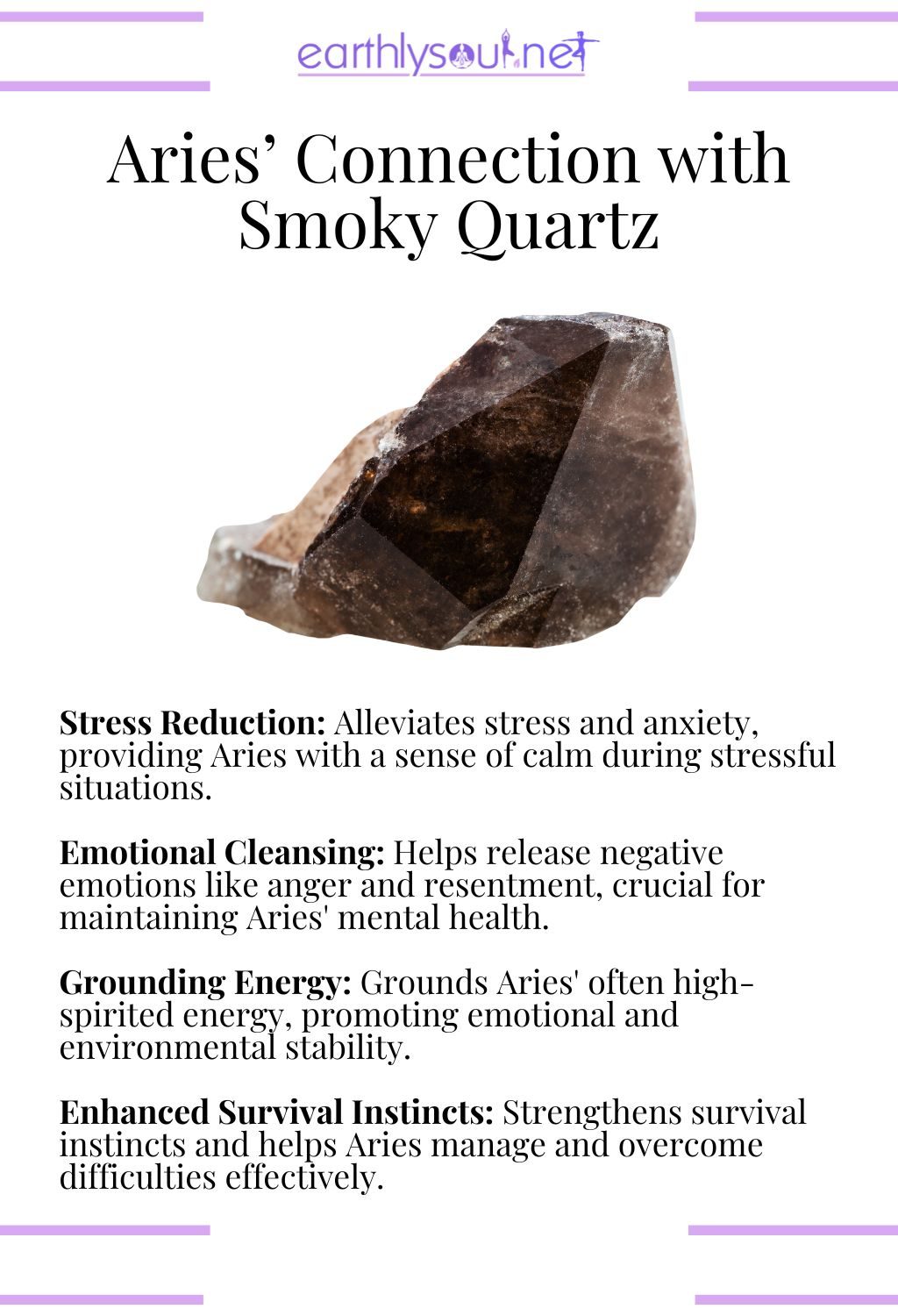 Smoky quartz crystal, known for reducing stress and grounding energy, perfect for aries.