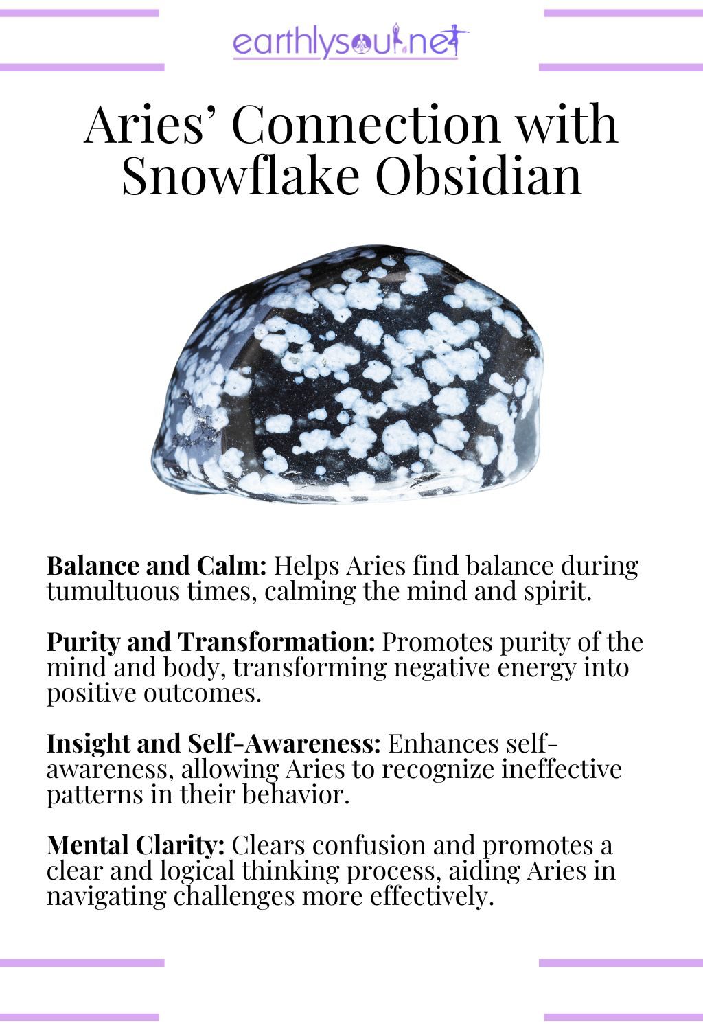 Snowflake obsidian crystal, offering balance and promoting transformation, ideal for aries.