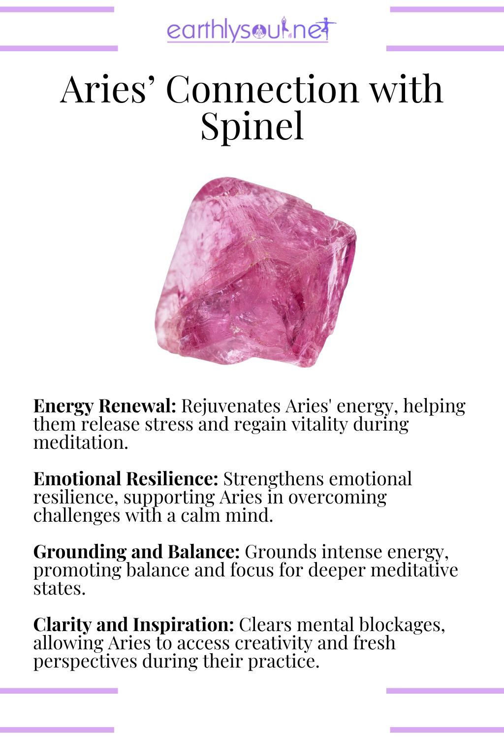 Spinel crystal, rejuvenating energy and promoting emotional resilience, ideal for aries meditation.