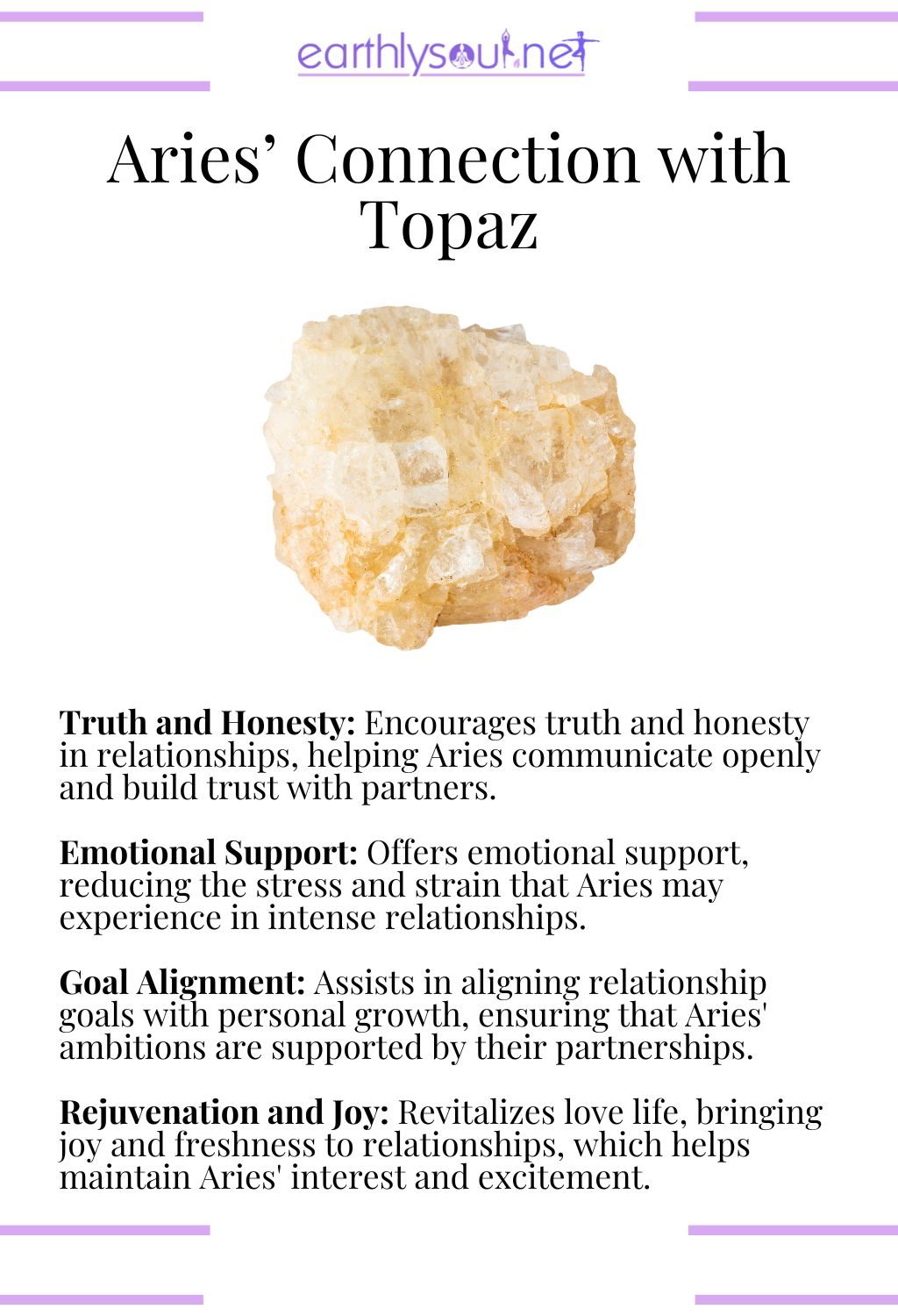 Topaz crystal, promoting honesty and emotional support, ideal for aries in relationships.