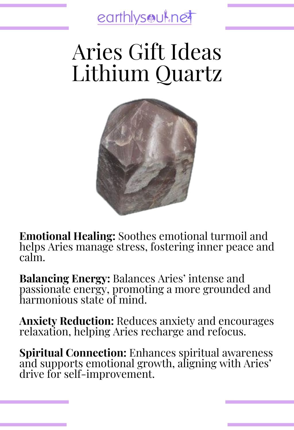 Lithium quartz crystal, known for reducing anxiety and promoting balance, a thoughtful gift for aries.