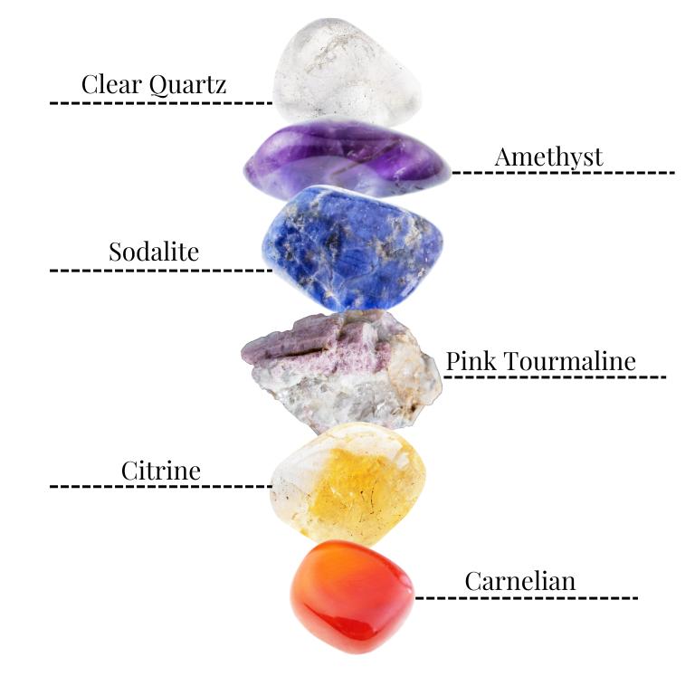 Showing how to align your chakras with crystals using clear quartz, amethyst, sodalites, pink tourmaline, citrine and carnelian