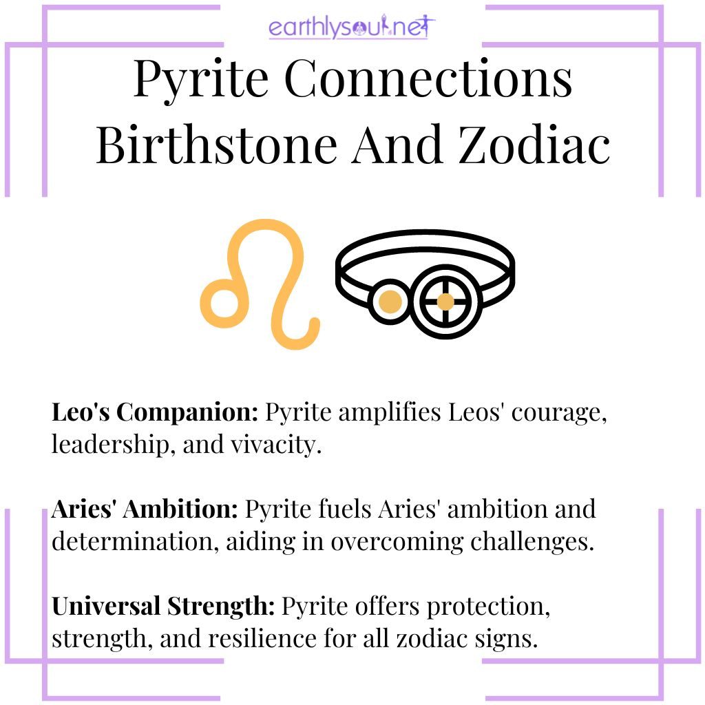 Pyrite as a birthstone boosts leo's courage, enhances aries' ambition, and offers strength to all zodiac signs