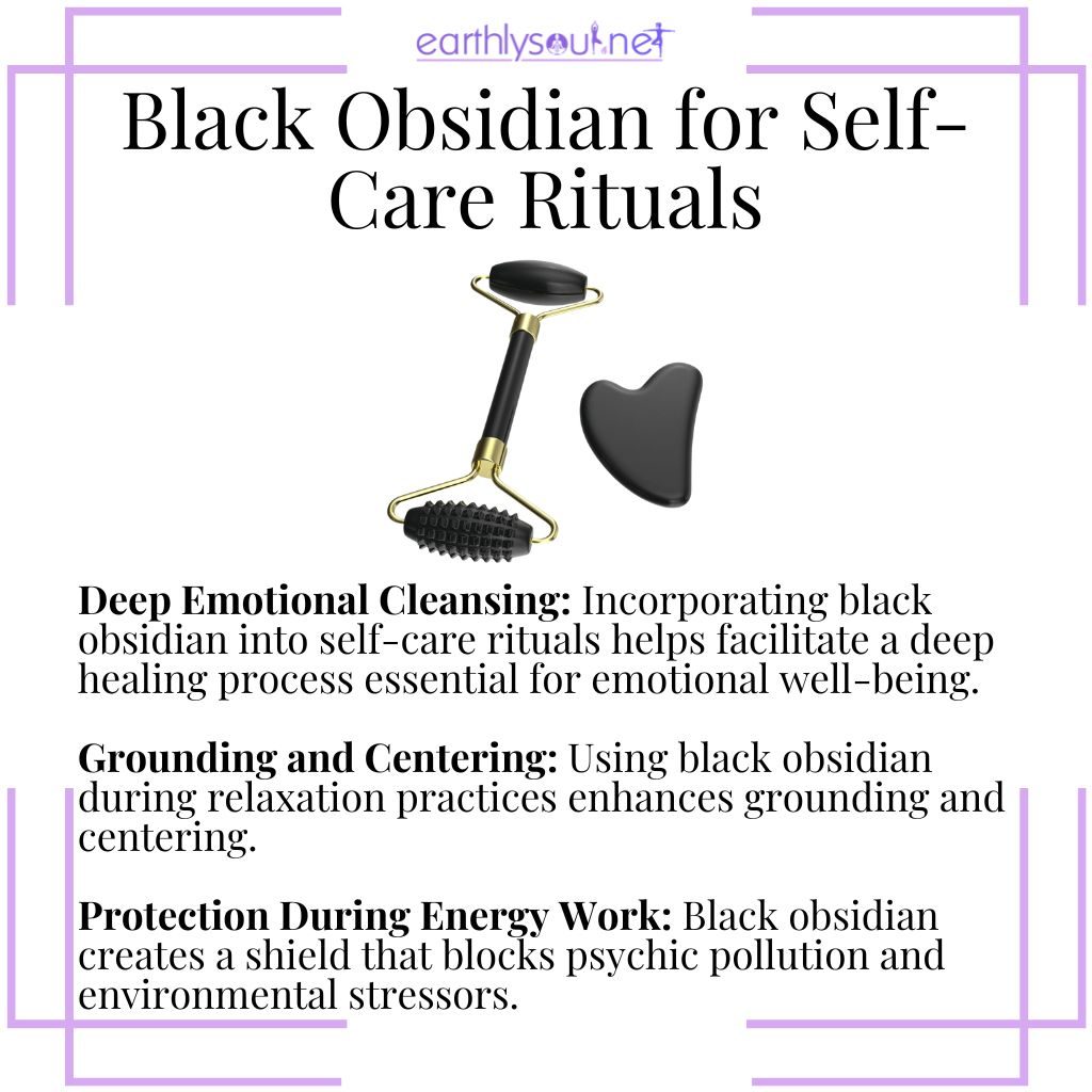 Black obsidian aids in deep emotional cleansing, grounding during self-care, and protects during energy work.