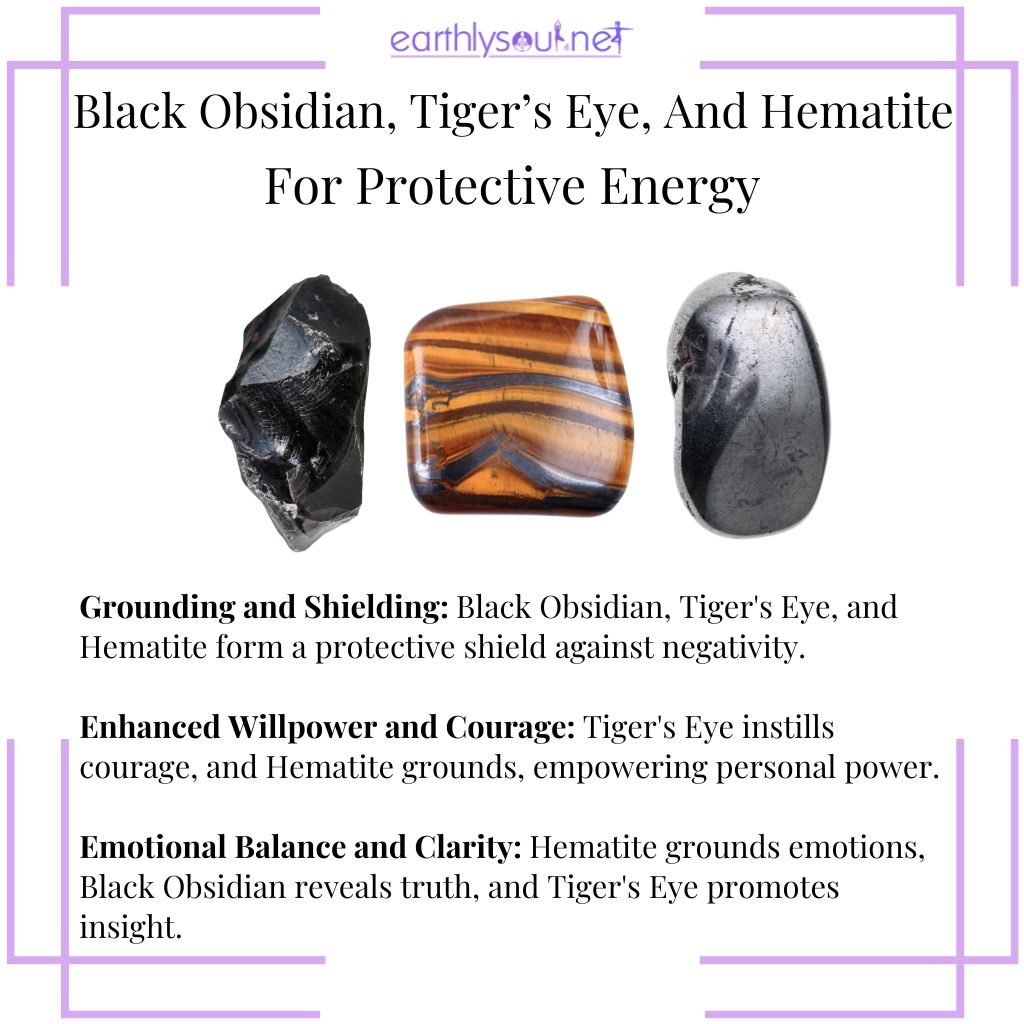 Black Obsidian, Tigers Eye, and Hematite offering grounding, enhanced willpower, and emotional clarity for protection