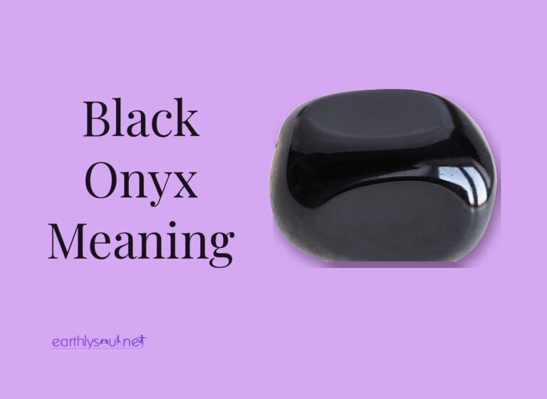 Black onyx meaning title beside a polished black onyx tumbled stone on a lilac background
