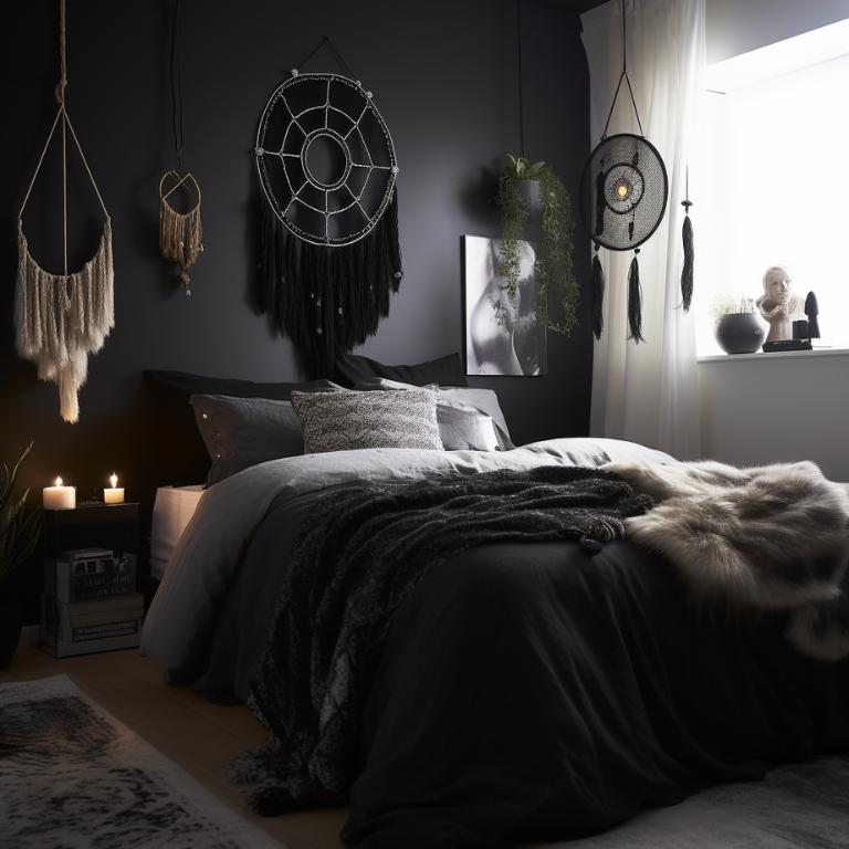 A peaceful bedroom scene showing a black tourmaline crystal placed on a bedside table between two candles for protection and better sleep