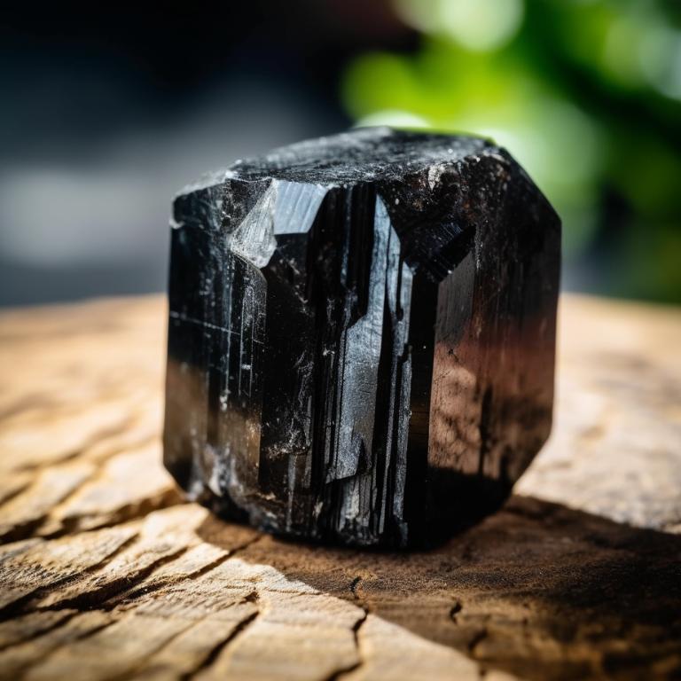 Product photo of a black tourmaline decoration on a wooden log
