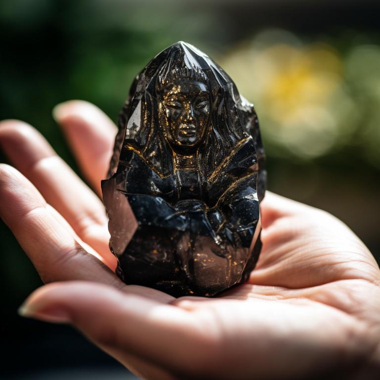 Hand holding a small black tourmaline meditation statue