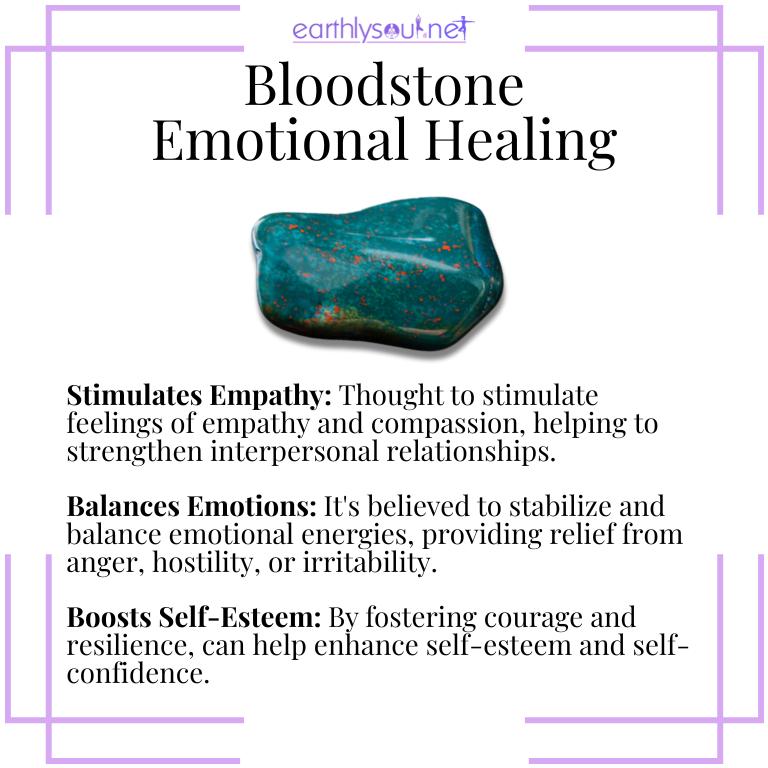 Image of bloodstone highlighting its emotional healing properties: stimulating empathy, balancing emotions, and boosting self-esteem