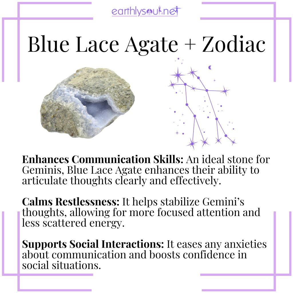 Blue lace agate benefits for gemini include enhancing communication, calming restlessness, and supporting social interactions.