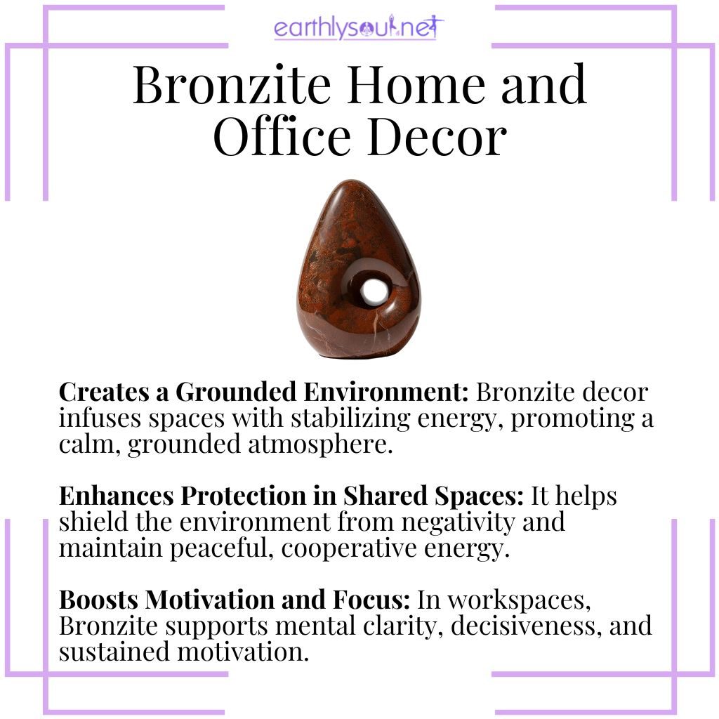 Bronzite decor creates grounding, enhances protection, and boosts focus in home and office spaces.