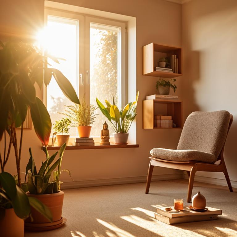 Photo of a calm looking room with a plush singe chair, with sunlight through the window and buddha, plants on the window ledge