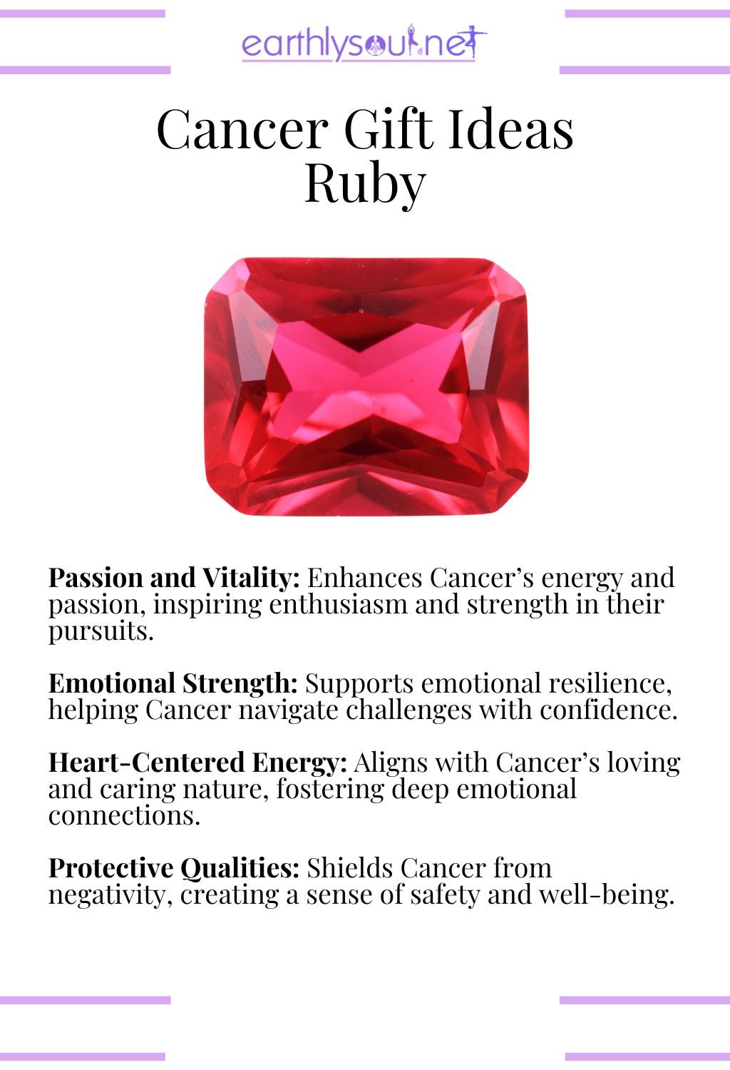 Ruby gemstone, promoting passion and emotional strength, perfect as a gift for cancer zodiac signs.