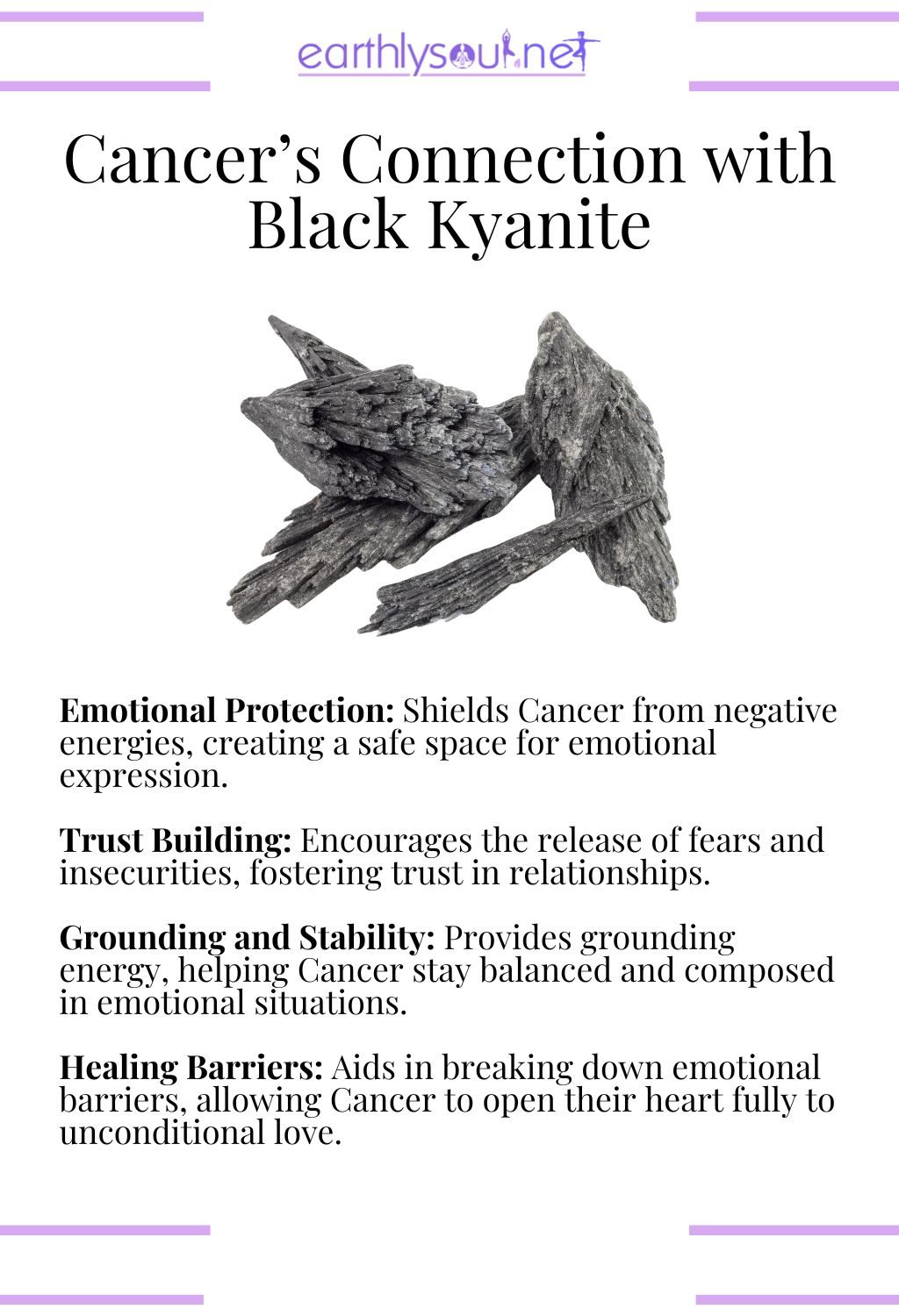 Black kyanite crystal, offering emotional protection and trust-building, ideal for cancer zodiac signs in relationships.