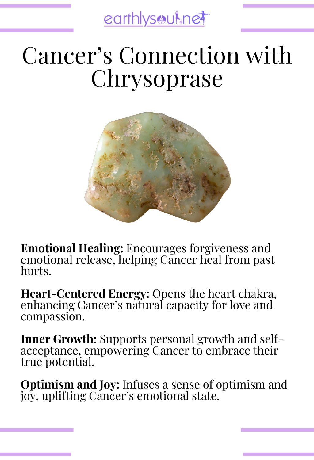 Chrysoprase crystal, promoting emotional healing and heart-centered energy, ideal for cancer zodiac signs.