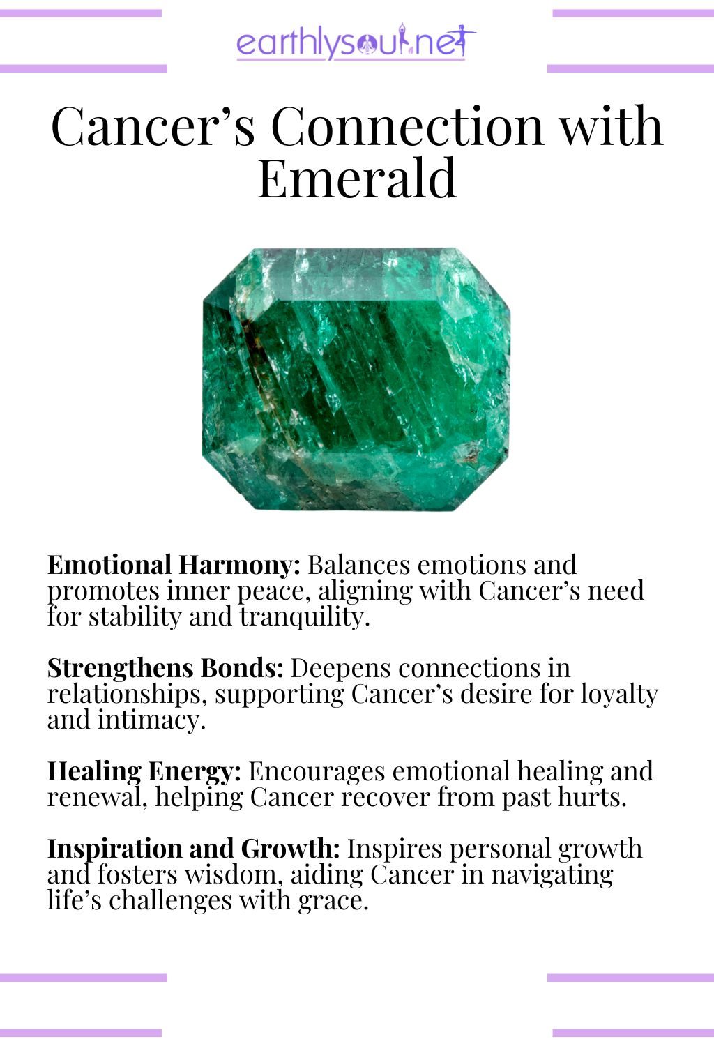 Emerald crystal, promoting emotional harmony and strengthening bonds, ideal for cancer zodiac signs.
