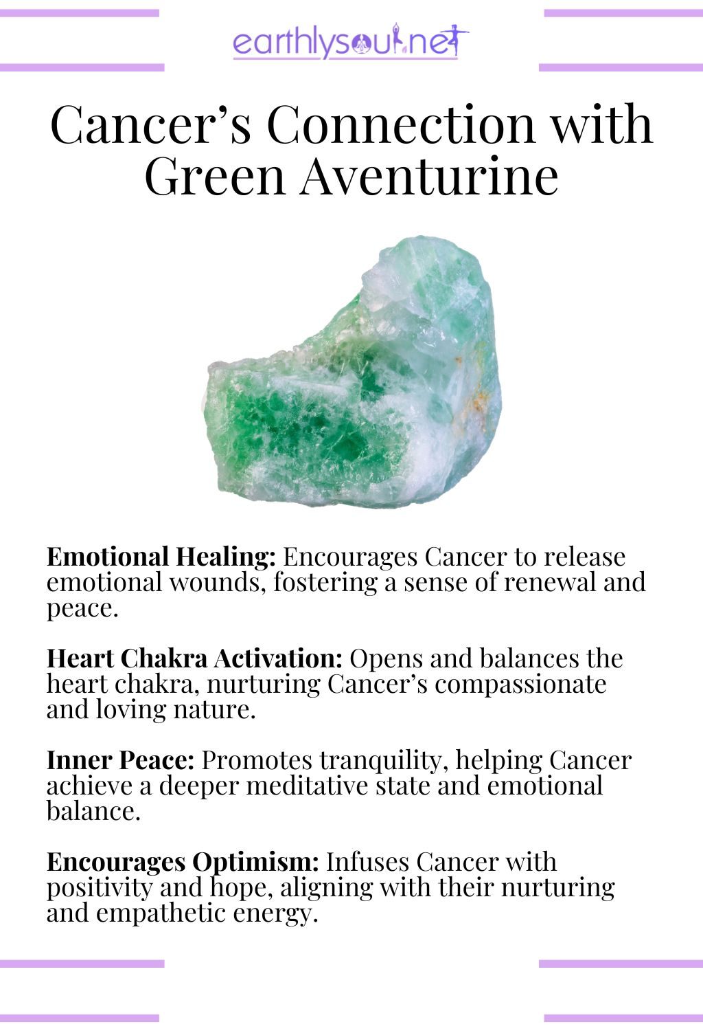 Green aventurine crystal, enhancing emotional healing and promoting inner peace, perfect for cancer meditation.