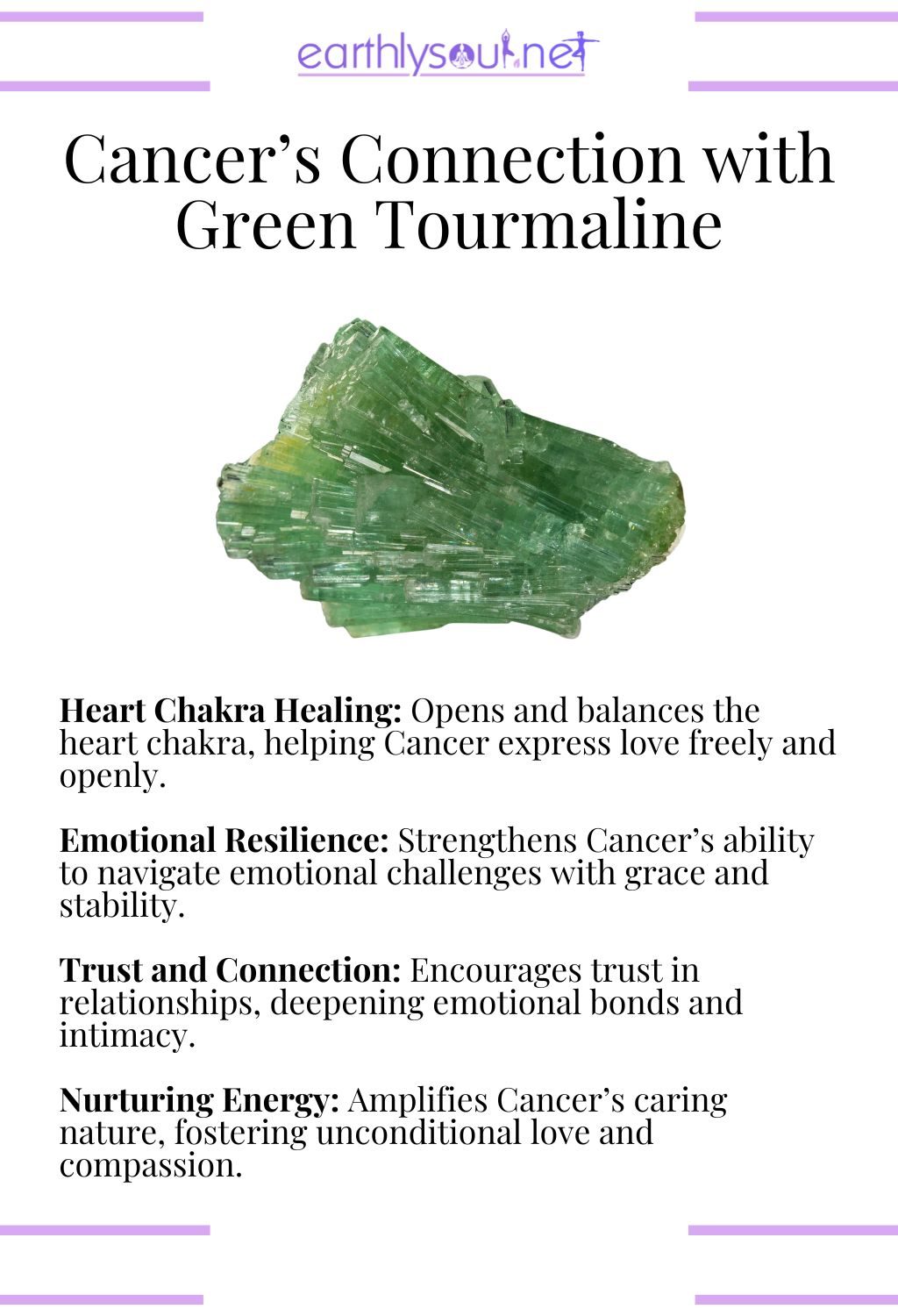 Green tourmaline crystal, supporting heart chakra healing and emotional resilience, perfect for cancer zodiac signs.