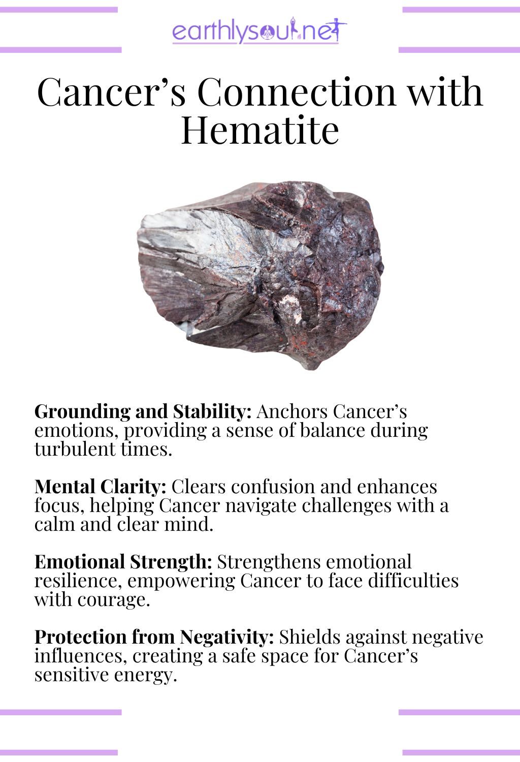 Hematite crystal, promoting grounding and emotional strength, ideal for cancer zodiac signs.
