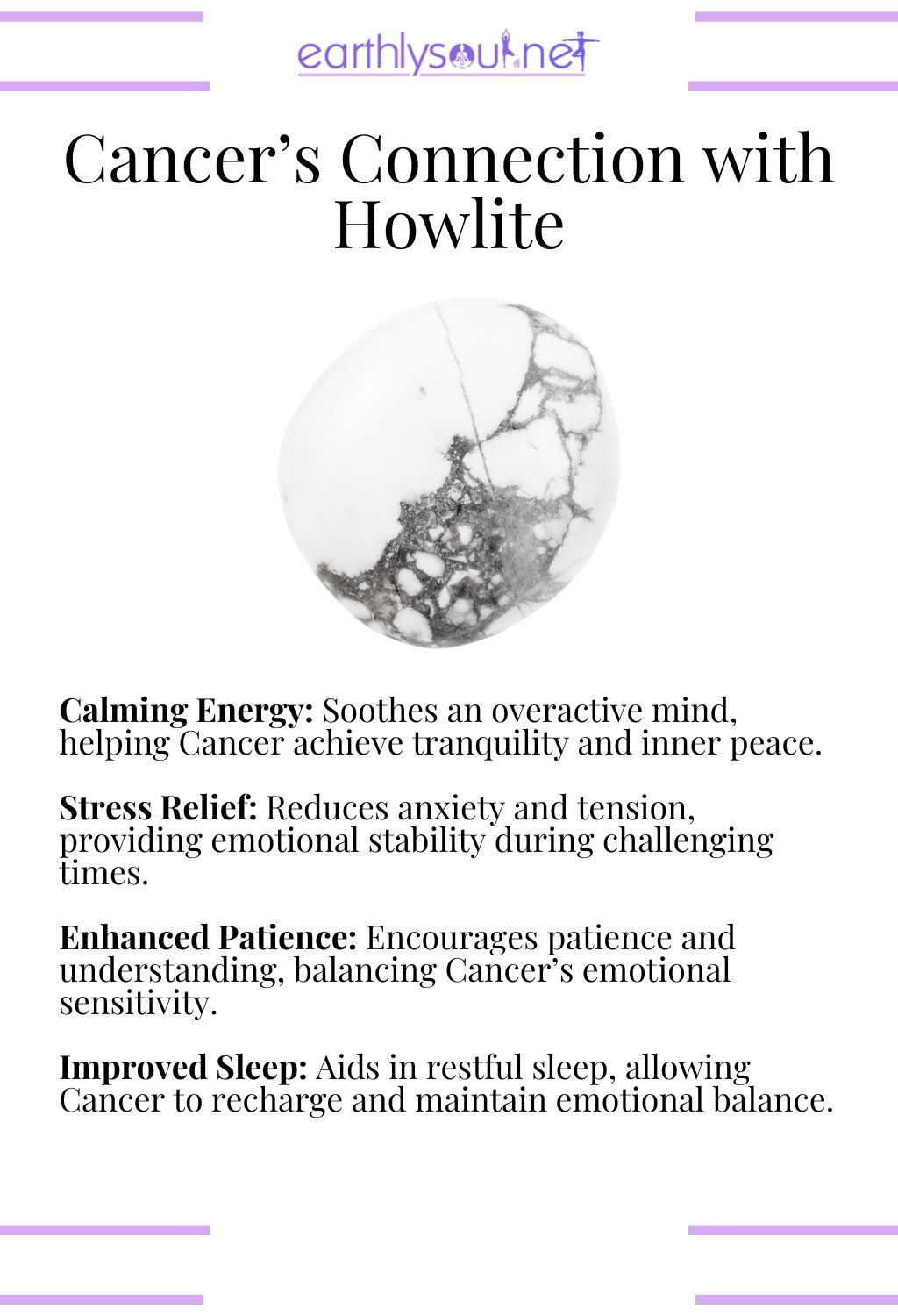 Howlite crystal, promoting calm and stress relief, ideal for cancer zodiac signs seeking serenity.