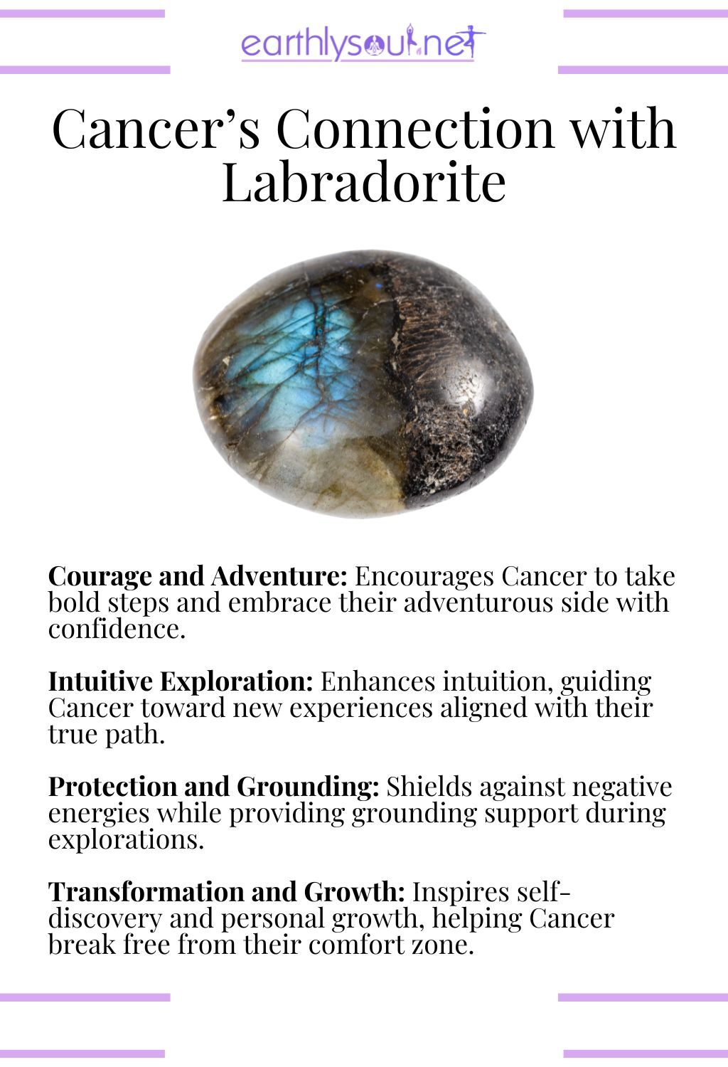 Labradorite crystal, enhancing courage and intuitive exploration, ideal for adventurous cancer sun signs.