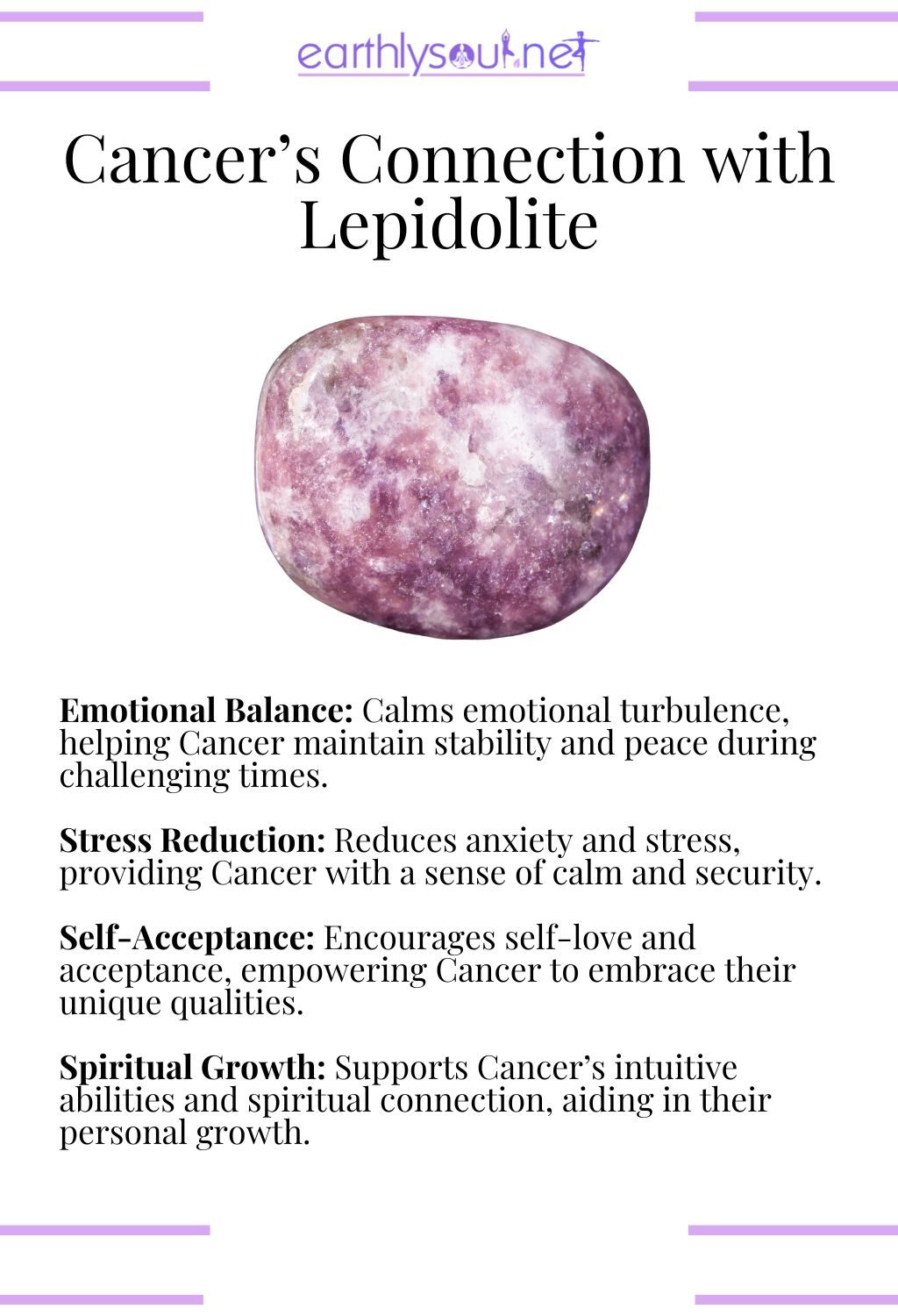 Lepidolite crystal, promoting emotional balance and reducing stress, ideal for cancer zodiac signs.