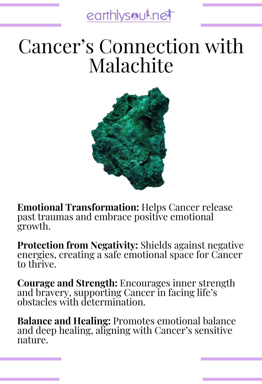 Malachite crystal, offering emotional transformation and protection, perfect for cancer zodiac signs.