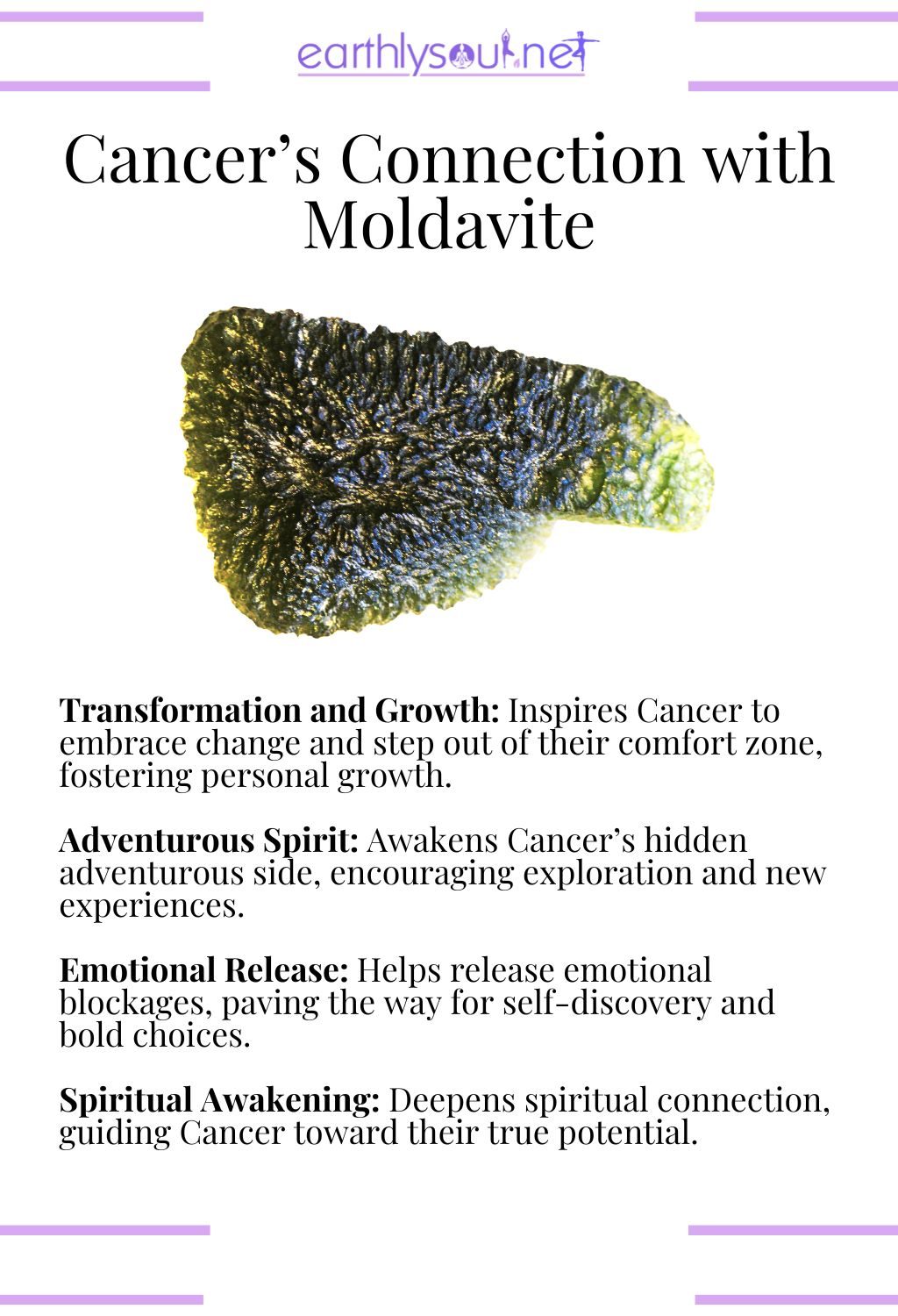 Moldavite crystal, inspiring transformation and awakening adventurous energy, ideal for cancer sun signs.