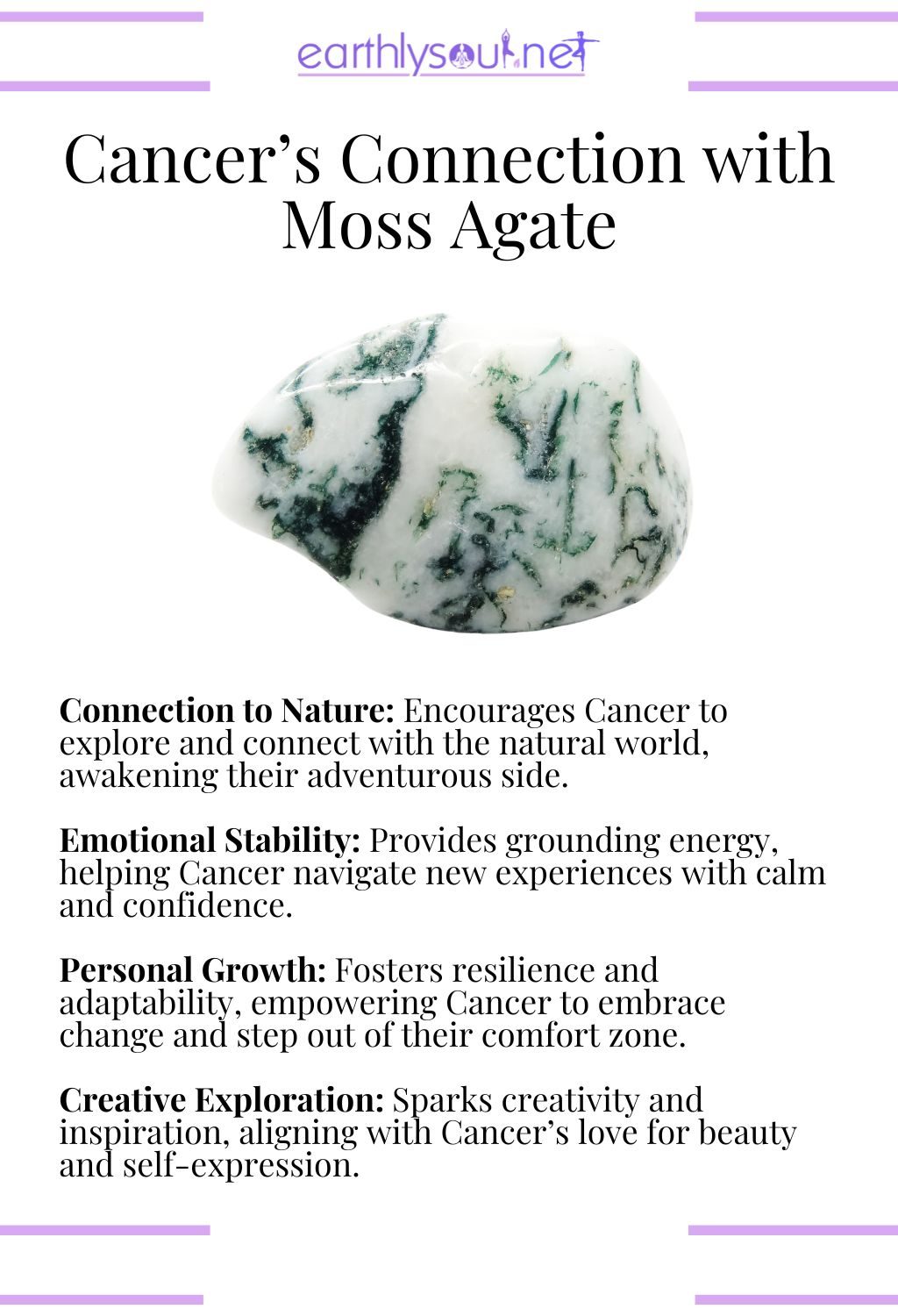 Moss agate crystal, promoting emotional stability and connection to nature, perfect for adventurous cancer sun signs.