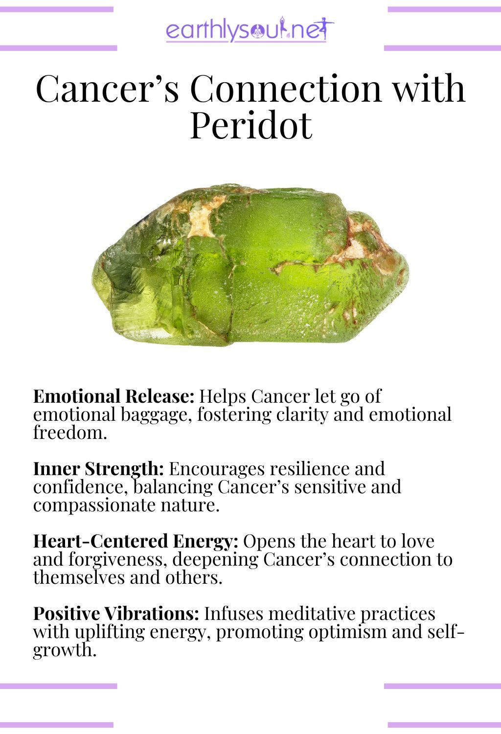 Peridot crystal, supporting emotional release and inner strength, ideal for cancer meditation.