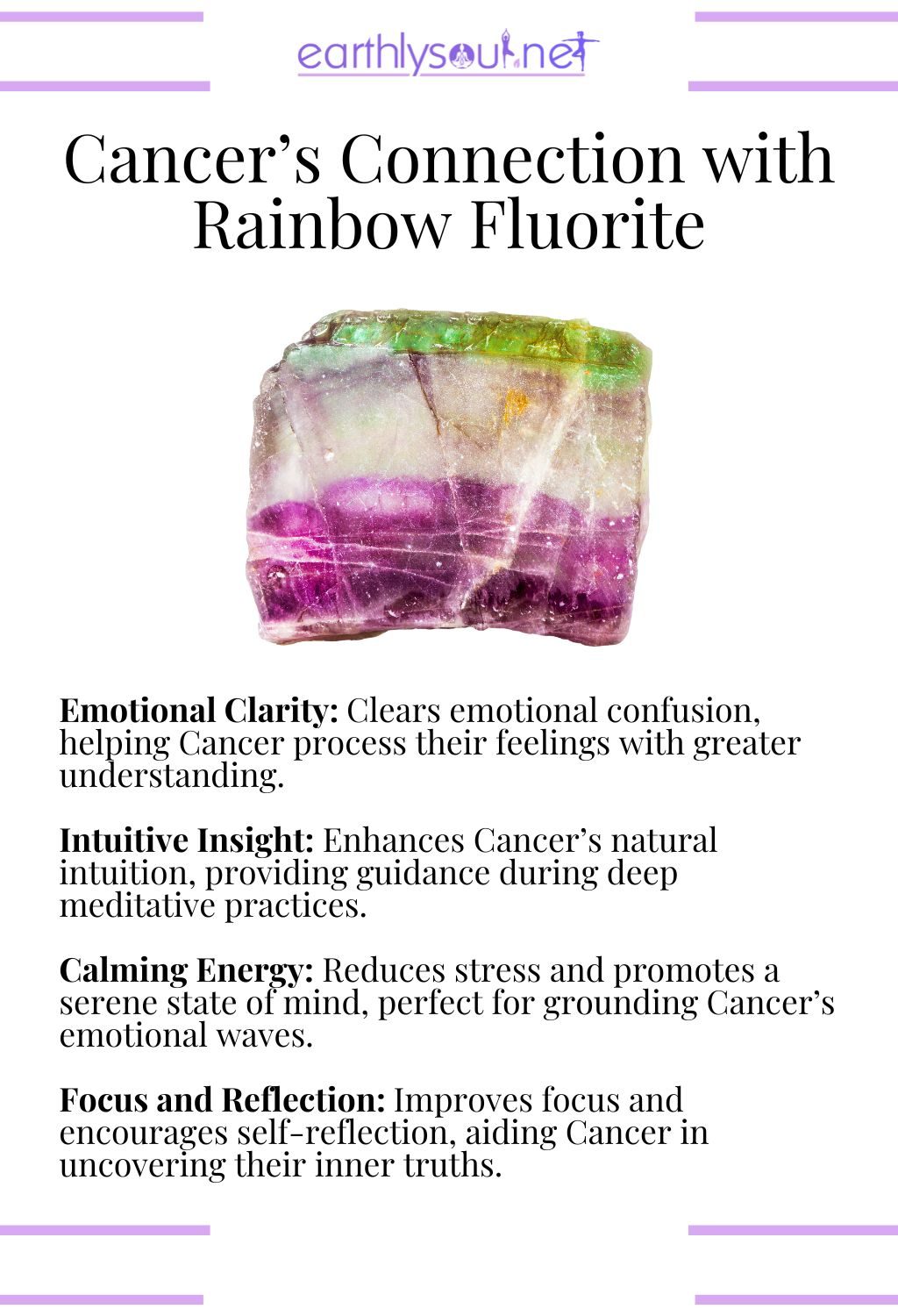 Rainbow fluorite crystal, promoting emotional clarity and intuitive insight, ideal for cancer meditation.