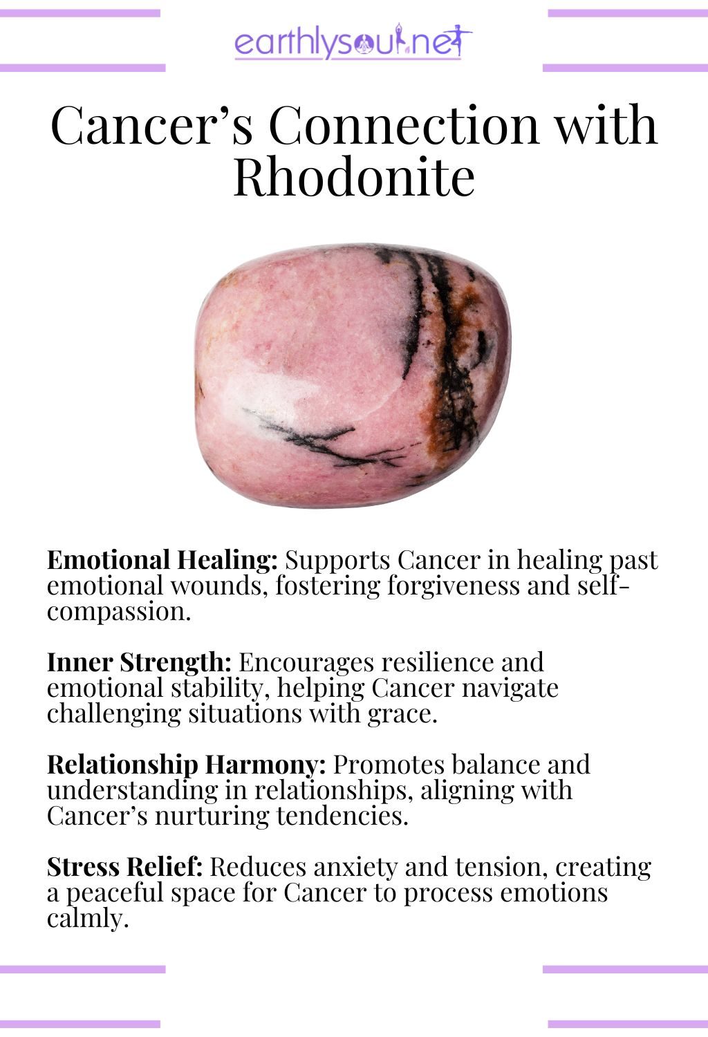 Rhodonite crystal, enhancing emotional healing and promoting inner strength, ideal for cancer zodiac signs.