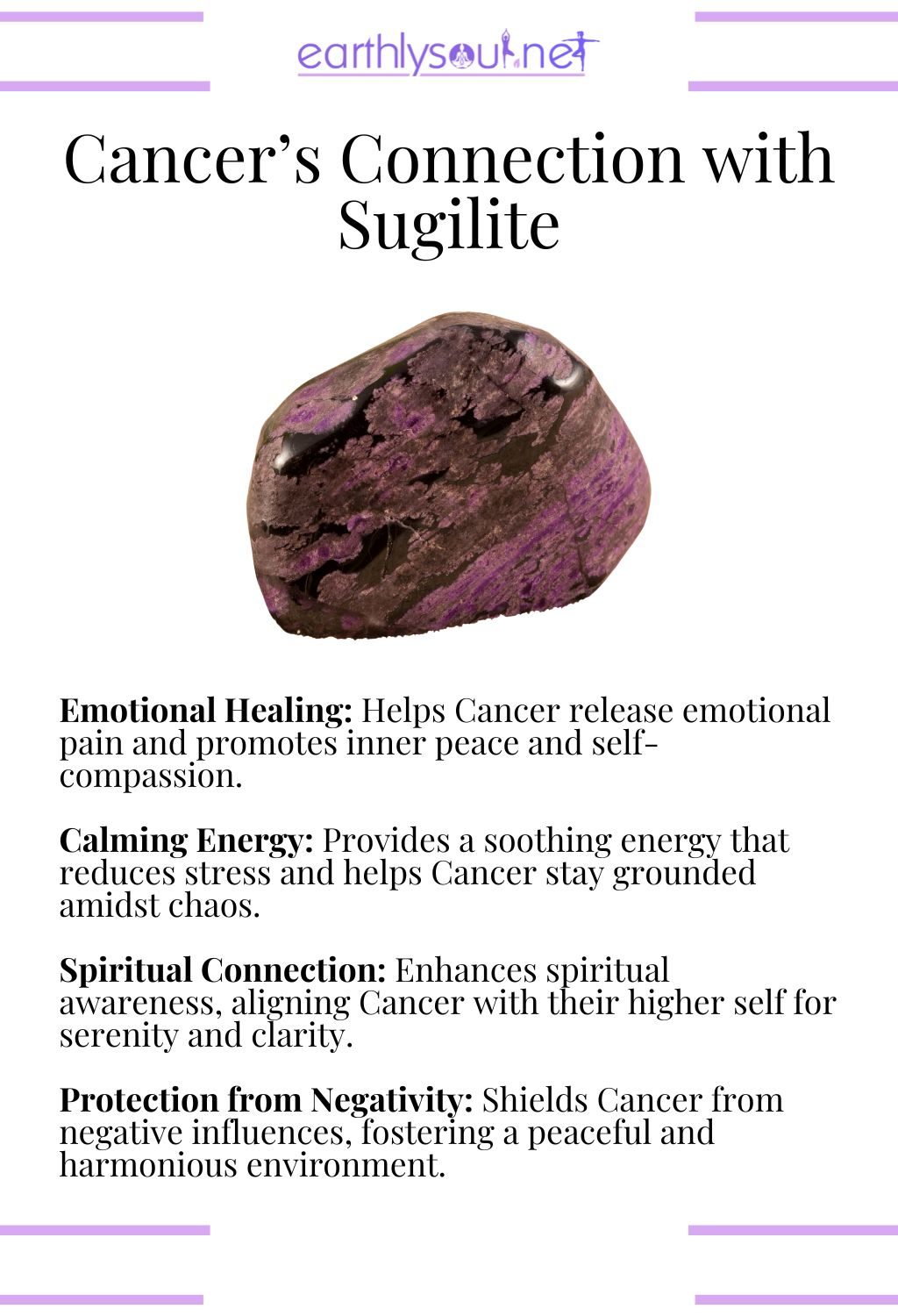 Sugilite crystal, offering emotional healing and calming energy, perfect for cancer zodiac signs seeking serenity.