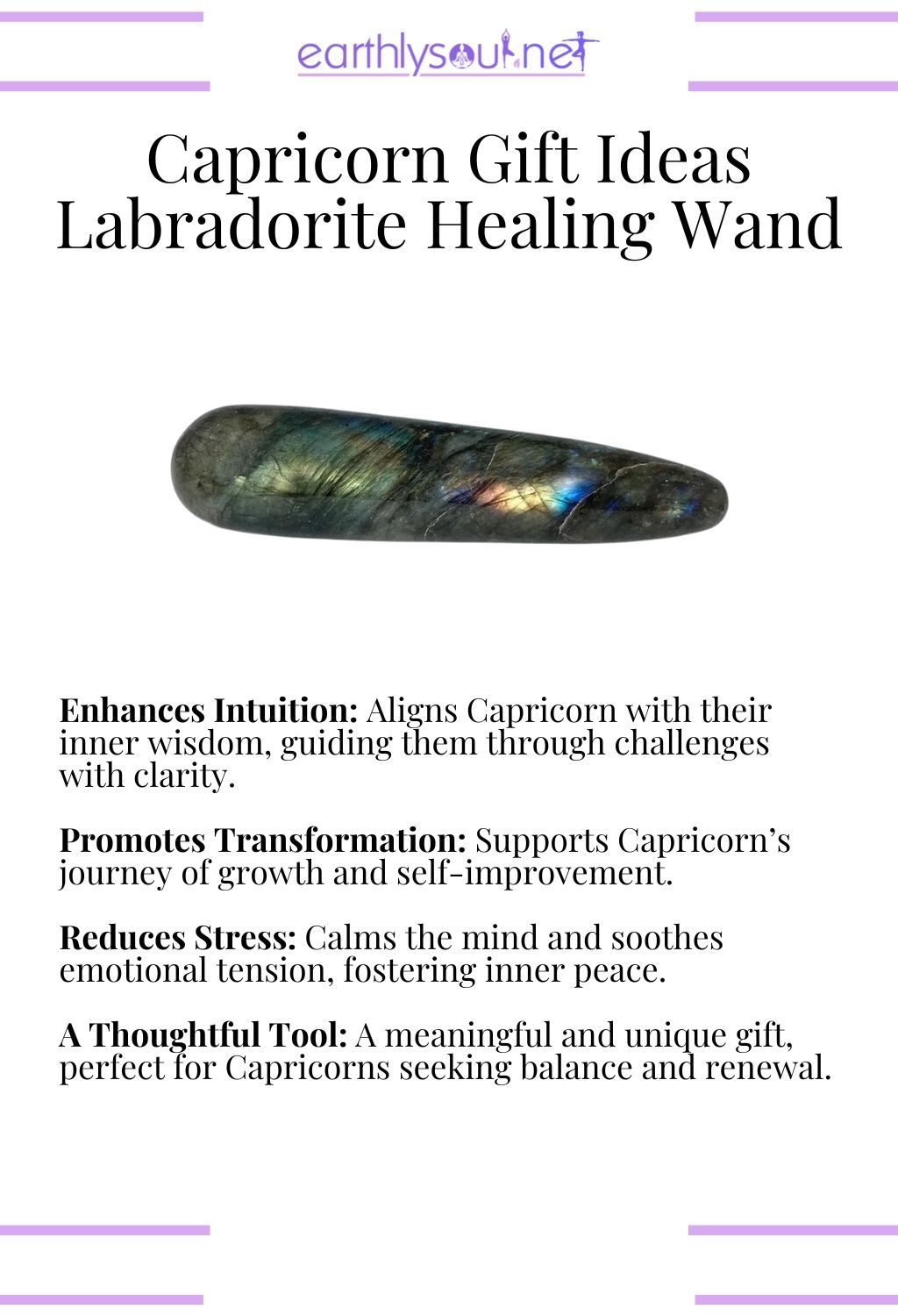 Labradorite healing wand, promoting transformation and reducing stress, ideal as a gift for capricorn zodiac signs.