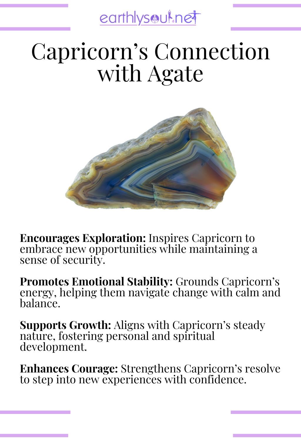 Agate crystal, promoting emotional stability and encouraging exploration, perfect for adventurous capricorn zodiac signs.