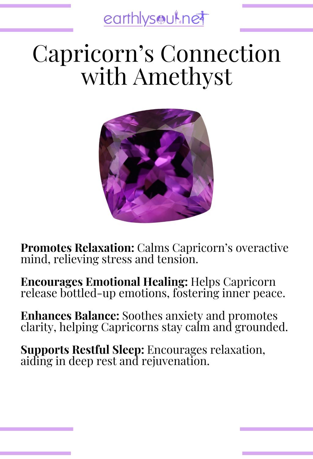 Amethyst crystal, promoting relaxation and emotional healing, perfect for capricorn zodiac signs seeking inner peace.