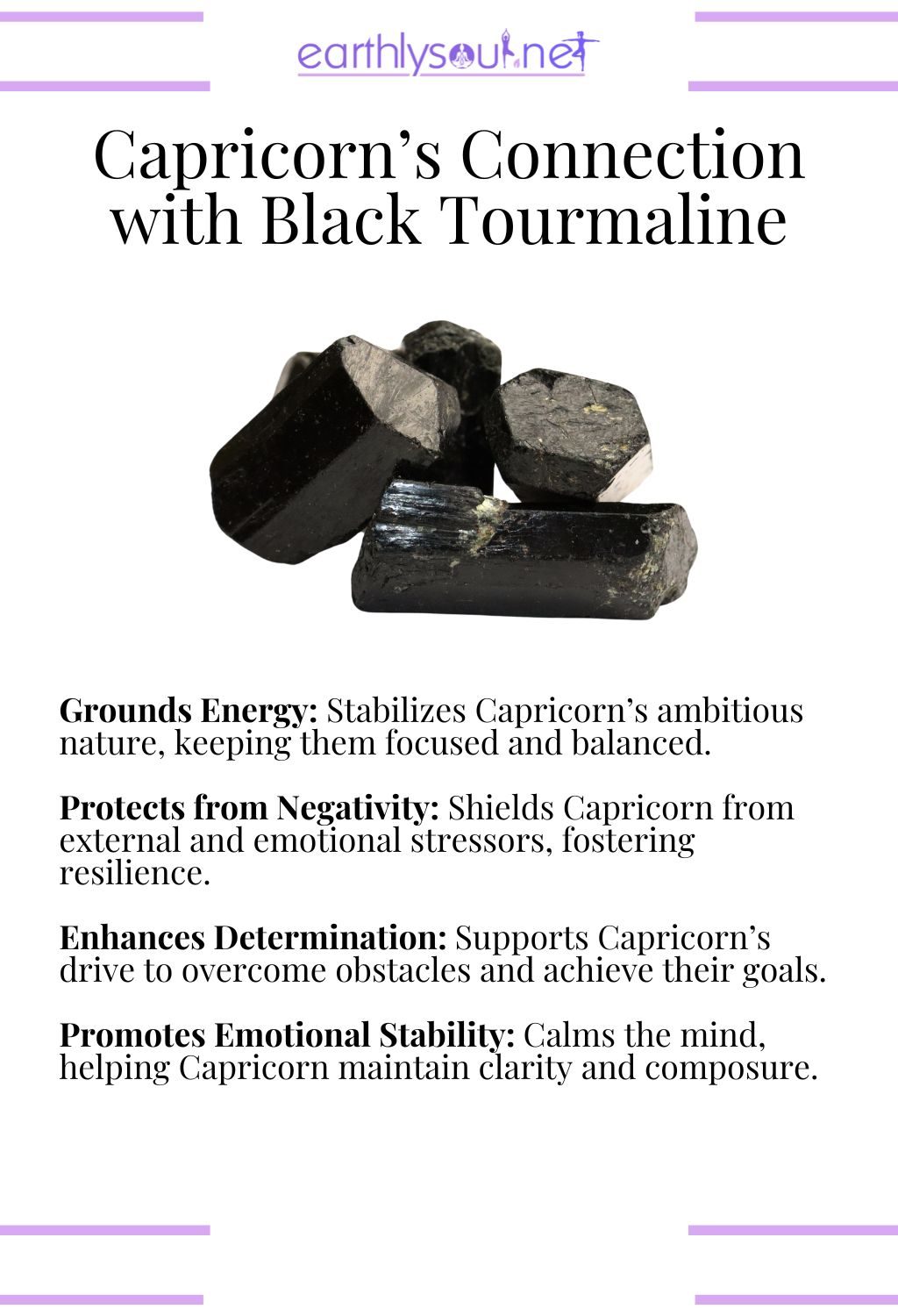 Black tourmaline crystal, grounding energy and protecting from negativity, ideal for capricorn zodiac signs.