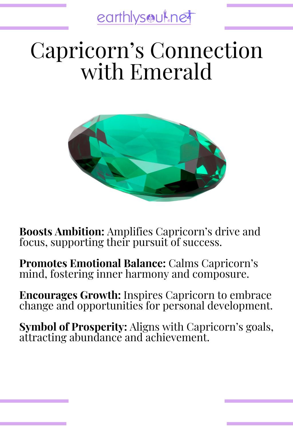 Emerald crystal, boosting ambition and promoting emotional balance, ideal for capricorn zodiac signs.