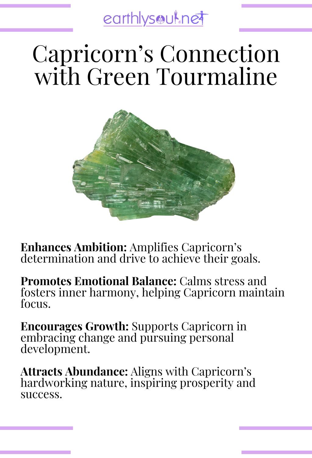 Green tourmaline crystal, enhancing ambition and promoting emotional balance, ideal for capricorn zodiac signs.