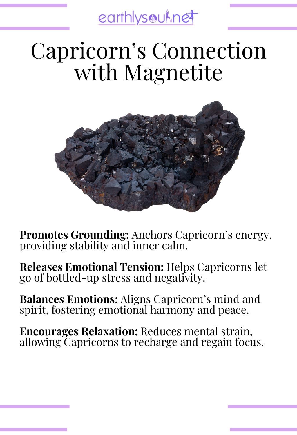 Magnetite crystal, promoting grounding and releasing emotional tension, ideal for capricorn zodiac signs seeking serenity.